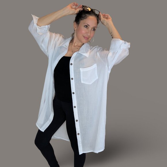 Mynah White Gauzy Button Front Swim Coverup - 2X - Suitable for all sizes below - Picture 3 of 9